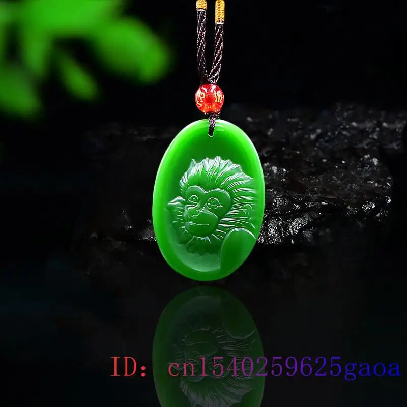 Green Jade Monkey Pendant Natural Necklace Carved Jadeite Chinese Charm Amulet