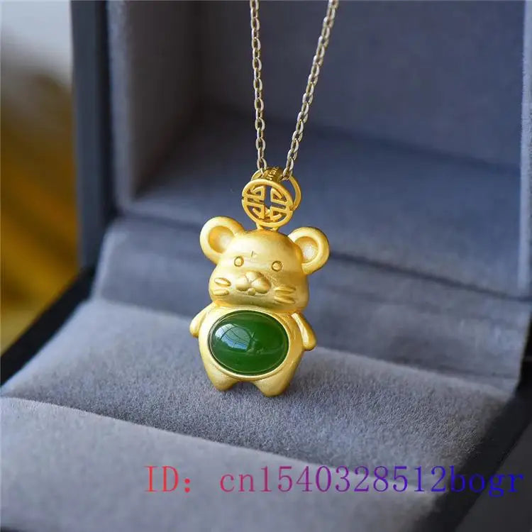 Green Jade Mouse Pendant 925 Silver Chalcedony Zircon Jewelry