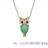 Green Jade Owl Pendant Chalcedony 925 Silver Necklace