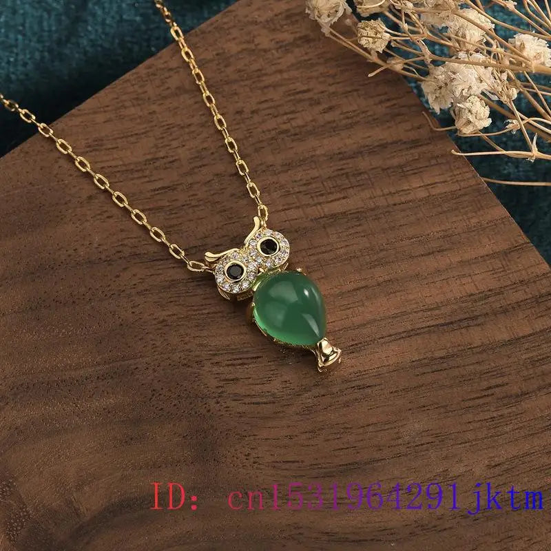 Green Jade Owl Pendant Chalcedony 925 Silver Necklace