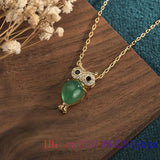 Green Jade Owl Pendant Chalcedony 925 Silver Necklace