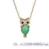 Green Jade Owl Pendant 925 Silver Zircon Amulet Necklace