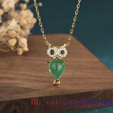 Green Jade Owl Pendant 925 Silver Zircon Amulet Necklace