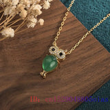 Green Jade Owl Pendant 925 Silver Zircon Amulet Necklace