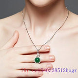 Green Jade Pendant Zircon Jewelry Chinese Charm Necklace 925 Silver