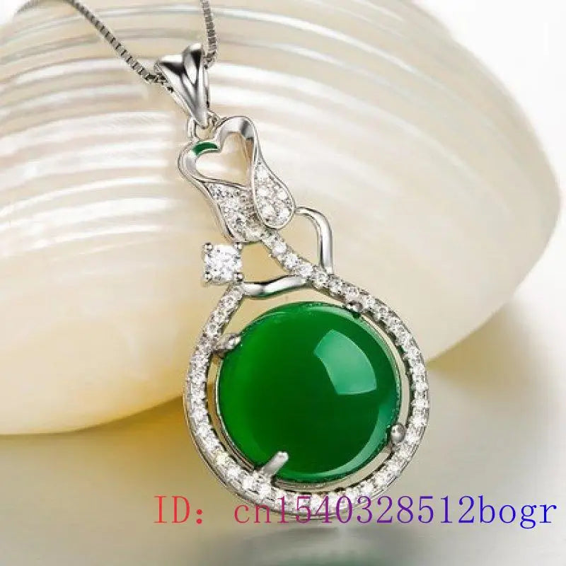 Green Jade Pendant Zircon Jewelry Chinese Charm Necklace 925 Silver
