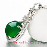 Green Jade Pendant Zircon Jewelry Chinese Charm Necklace 925 Silver