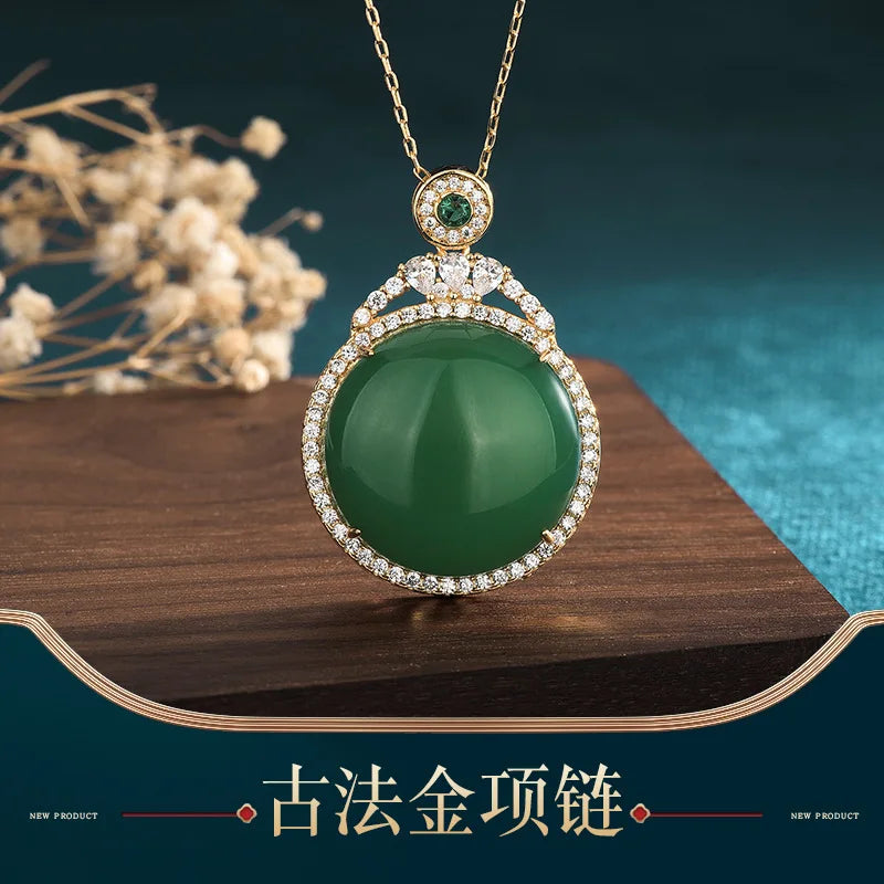 Green Jade Pendant 925 Silver Choker Amulet Necklace