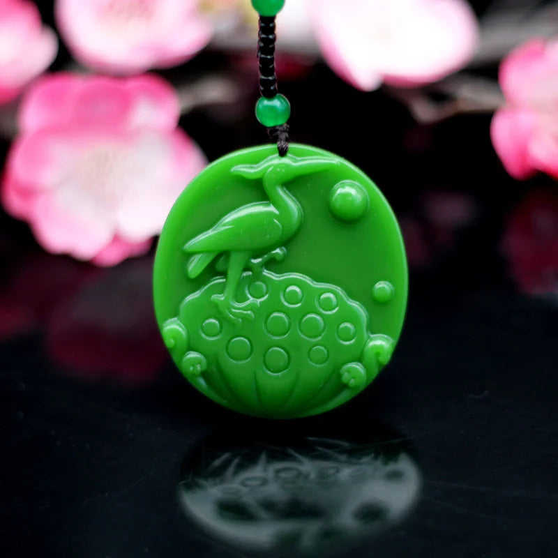 Green Jade Red-crowned Crane Pendant Necklace Chinese Hand-Carved Jewelry