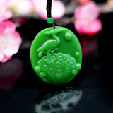 Green Jade Red-crowned Crane Pendant Necklace Chinese Hand-Carved Jewelry
