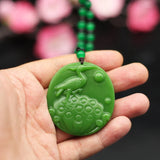 Green Jade Red-crowned Crane Pendant Necklace Chinese Hand-Carved Jewelry