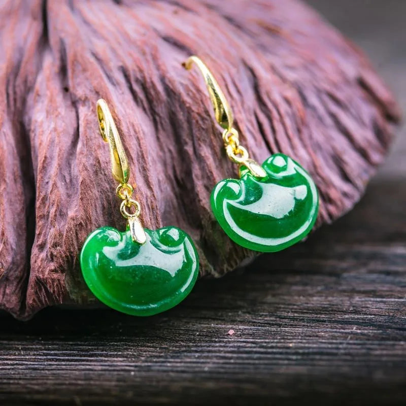 Green Jade Ruyi Earrings 925 Silver Vintage Natural Gemstone Jewelry