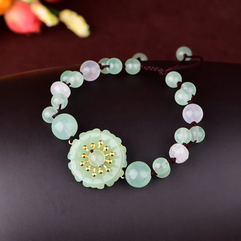 Green Jade Stone Jadeite Emerald Flower Bracelet Charm Jewellery