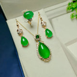 Green Jade Necklace Earring Ring Set with Zircon