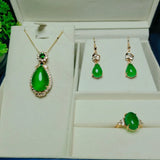 Green Jade Necklace Earring Ring Set with Zircon