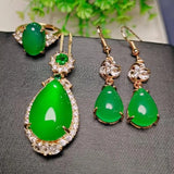 Green Jade Necklace Earring Ring Set with Zircon
