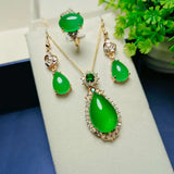 Green Jade Necklace Earring Ring Set with Zircon