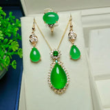 Green Jade Necklace Earring Ring Set with Zircon