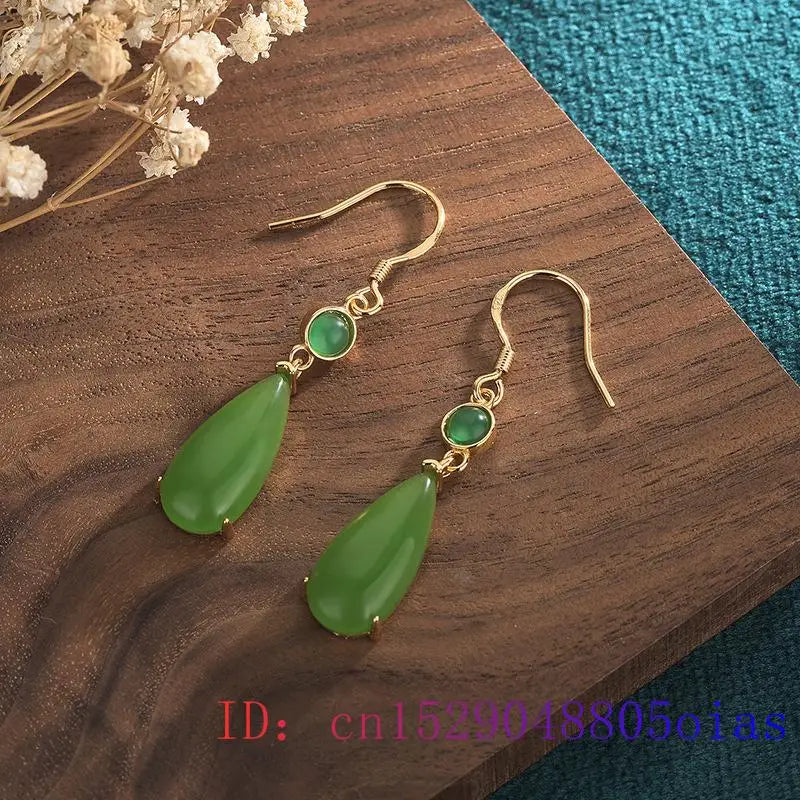 Green Jade Water Drop Earrings Chalcedony Jewelry Zircon Women 925 Silver