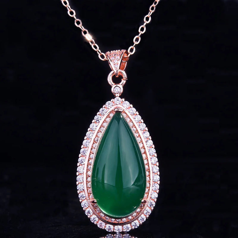 Green Jade Pendant Necklace Emerald Zircon Diamonds Jewelry