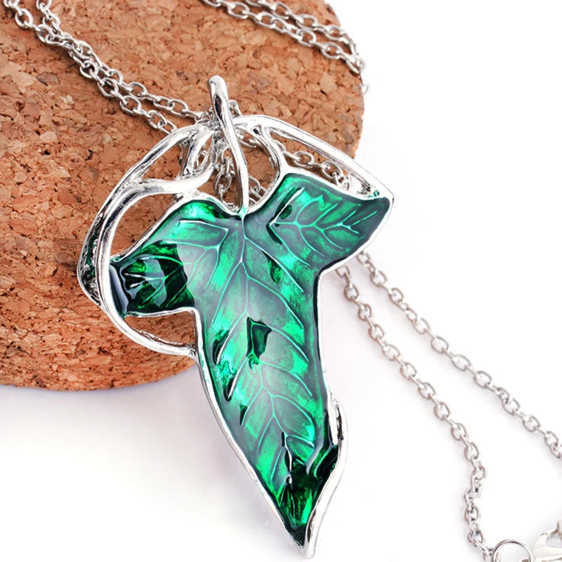 Green Leaf Pendant Necklace Elven Symbol Brooch Pin Jewelry
