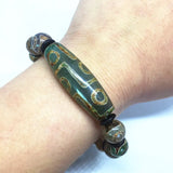 Green Agate 9 Eyes Pattern Dzi Beads Bracelet with Coconut Shell
