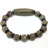 Green Agate 9 Eyes Pattern Dzi Beads Bracelet with Coconut Shell