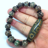 Green Agate 9 Eyes Pattern Dzi Beads Bracelet with Coconut Shell