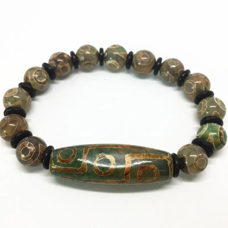 Green Agate 9 Eyes Pattern Dzi Beads Bracelet with Coconut Shell