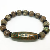 Green Agate 9 Eyes Pattern Dzi Beads Bracelet with Coconut Shell