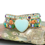 Green Natural Stone Love Bohemia Leather Bracelet