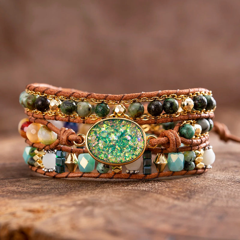 Green Oval Opal Bracelets Golden Link Chain Bangle