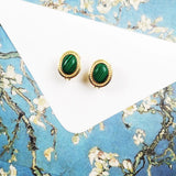 Green Oval Stone Golden Studs Earrings 925 Sterling Silver Europe Style