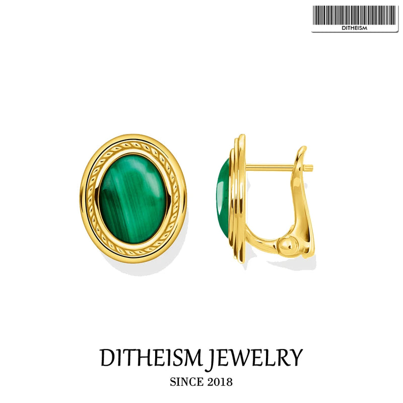 Green Oval Stone Golden Studs Earrings 925 Sterling Silver Europe Style