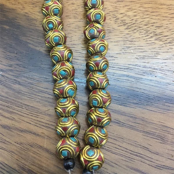 Green Pine Red Coral Nepal Beads For Tibetan Antique Golden Copper Jewelry
