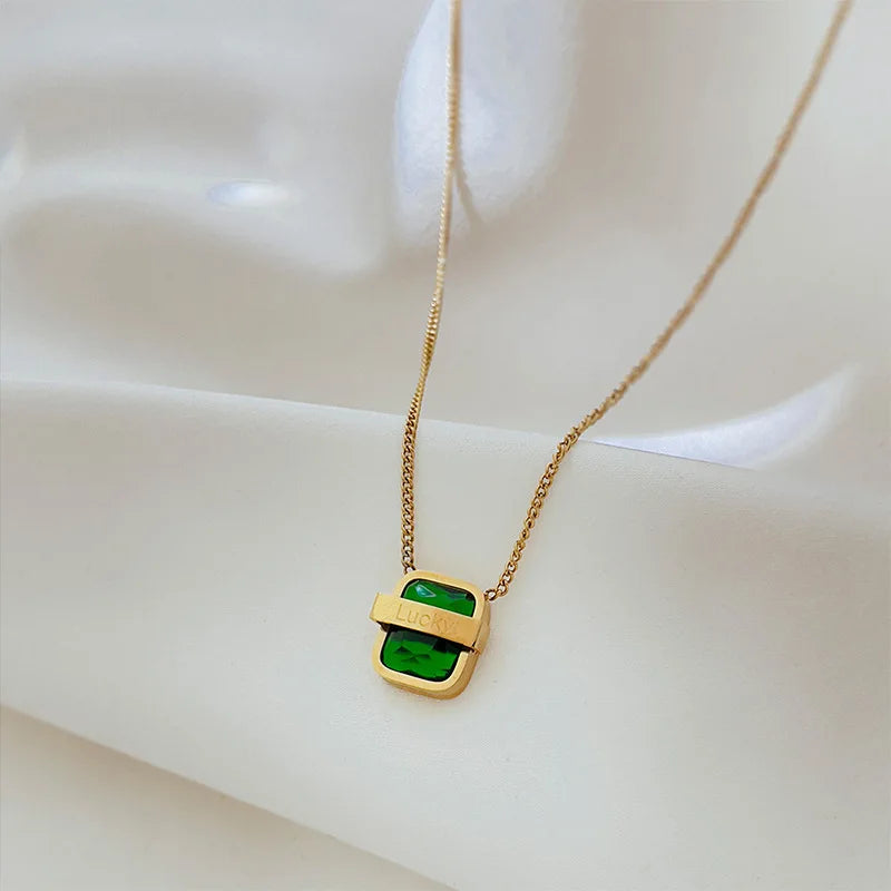 Green Square Zircon Lucky Letter Pendant Stainless Steel Necklace