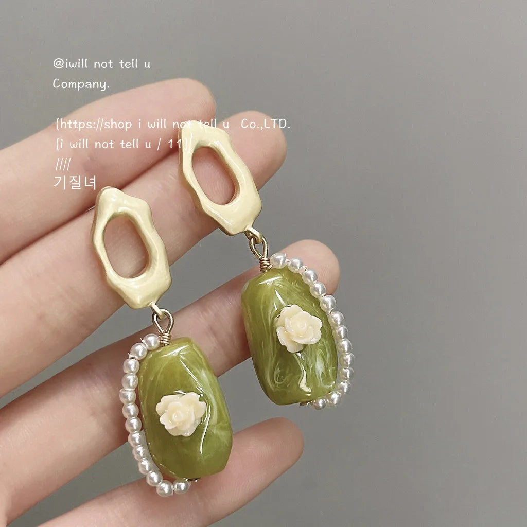 Green Stone Earring Vintage Bohemia Dangle Retro Ethnic Long Earring For Women
