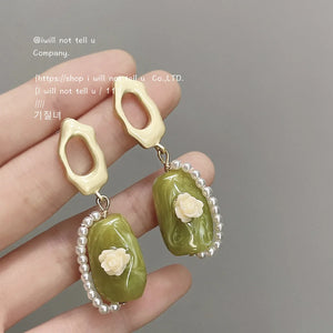 Green Stone Earring Vintage Bohemia Dangle Retro Ethnic Long Earring For Women
