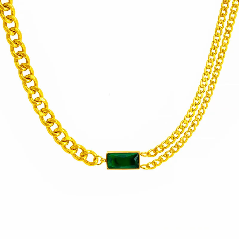 Green Stone Zircon Pendant Necklace Stainless Steel Charm Jewelry