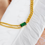 Green Stone Zircon Pendant Necklace Stainless Steel Charm Jewelry