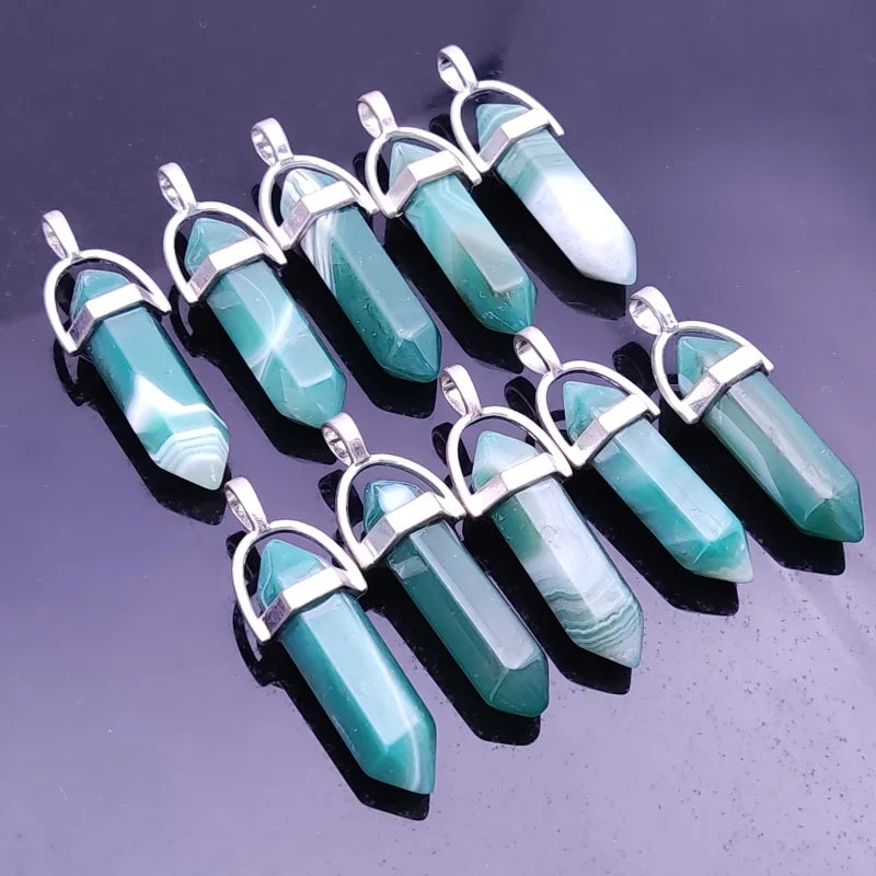 Green Stripe Agates Stone Pendant Pendulum Hexagon Pillar Bullet Shape Charms