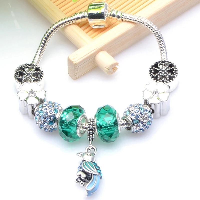 Green Woodpecker Pendant Charm Bracelets with Snake Chain for Women