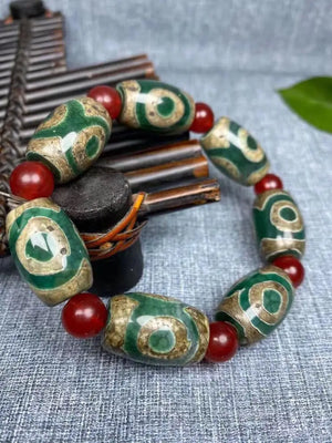 Green Agate Three Eye Beads Bracelet Men's Beads Agate Bracelet