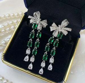 Green Bow Earrings & Transparent Flower Tassel Jewelry for Women