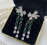 Green Bow Earrings & Transparent Flower Tassel Jewelry for Women