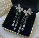 Green Bow Earrings & Transparent Flower Tassel Jewelry for Women