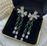 Green Bow Earrings & Transparent Flower Tassel Jewelry for Women