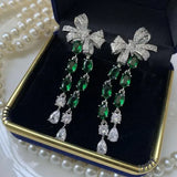 Green Bow Earrings & Transparent Flower Tassel Jewelry for Women