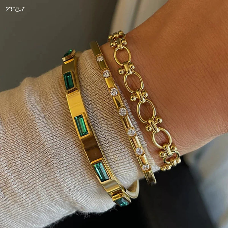 Green CZ Stone Pave Bangles Stainless Steel Minimalist Jewelry