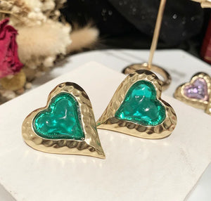 Green Glass Love Earrings S925 Silver Needle Candy Love Earrings